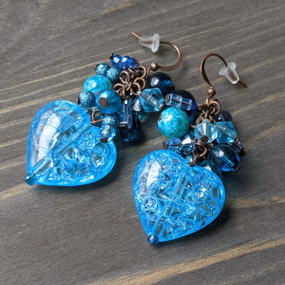 Mixed Blue Glass Bead & Blue Crackle Heart Cluster Earrings